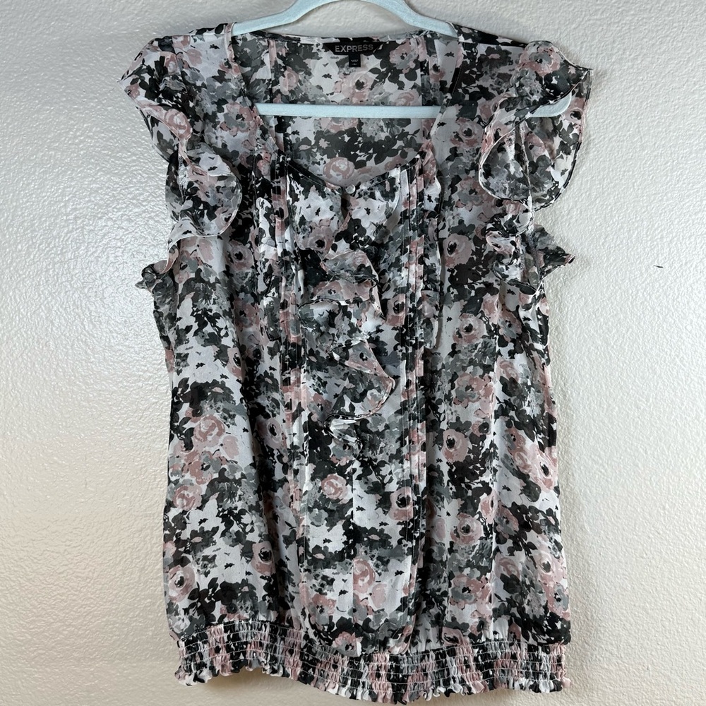 Express Floral Ruffle Sleeve Top - Black and Pink SZ:L